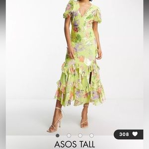 ASOS DESIGN Tall ruffle frill hem midi dress in green metallic rose print